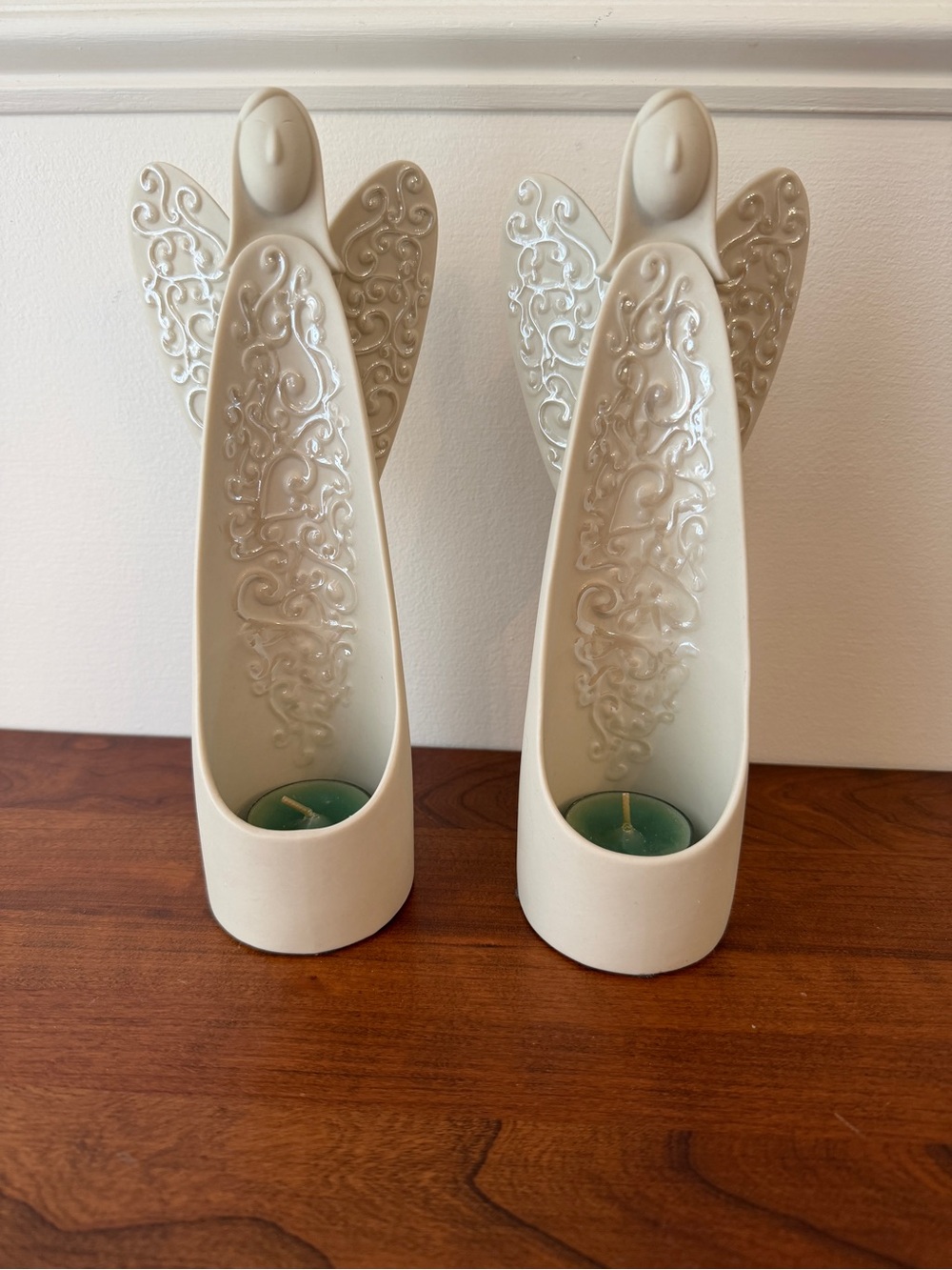 PartyLite Serenity Cream Embossed Ceramic Angel Tea Light Holders - Pair